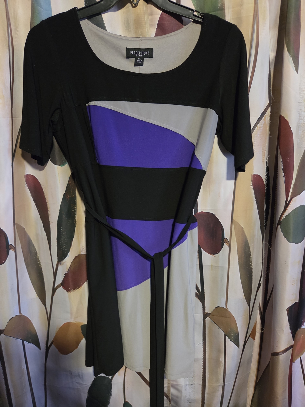 Perceptions Black and Purple Colorblock Belted Dress